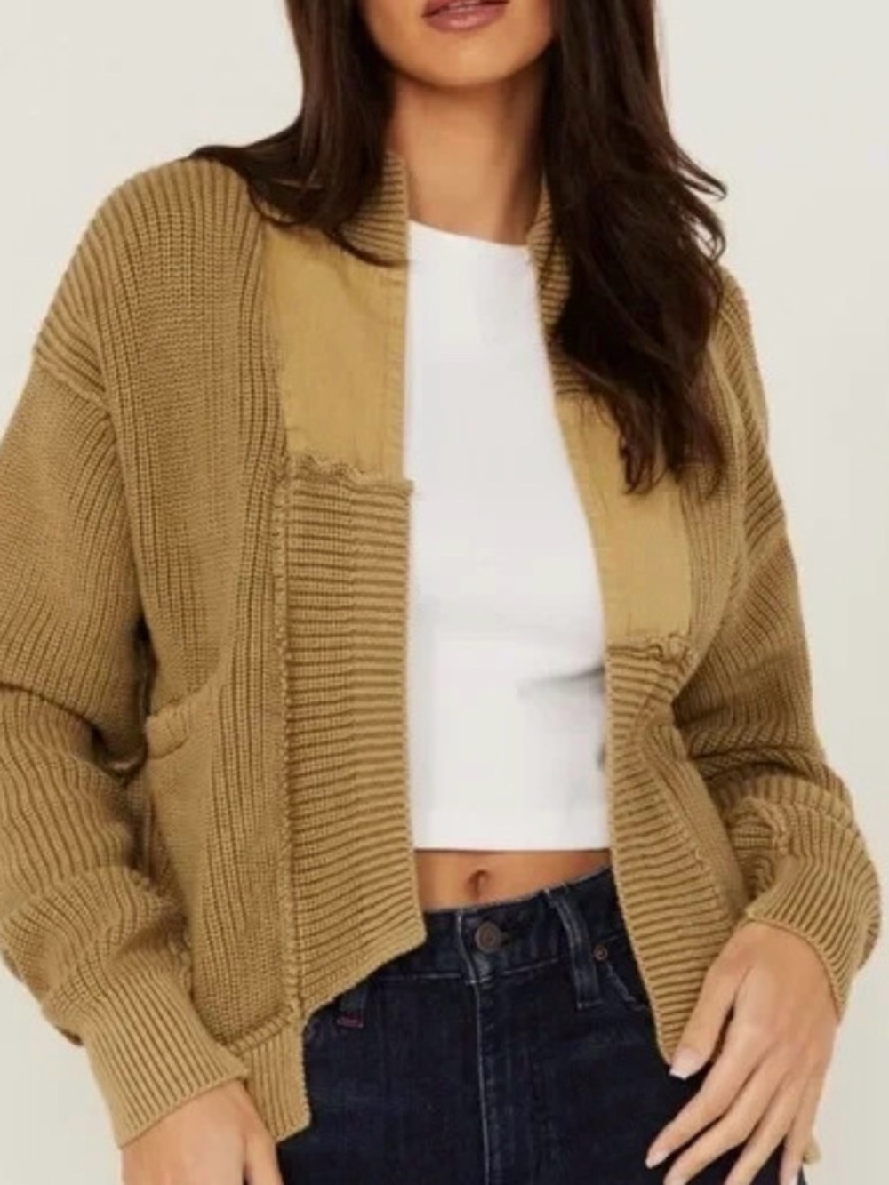 We The Free Worn Thru Surplus Cardi Tan chunky Free People Army, XS Beige